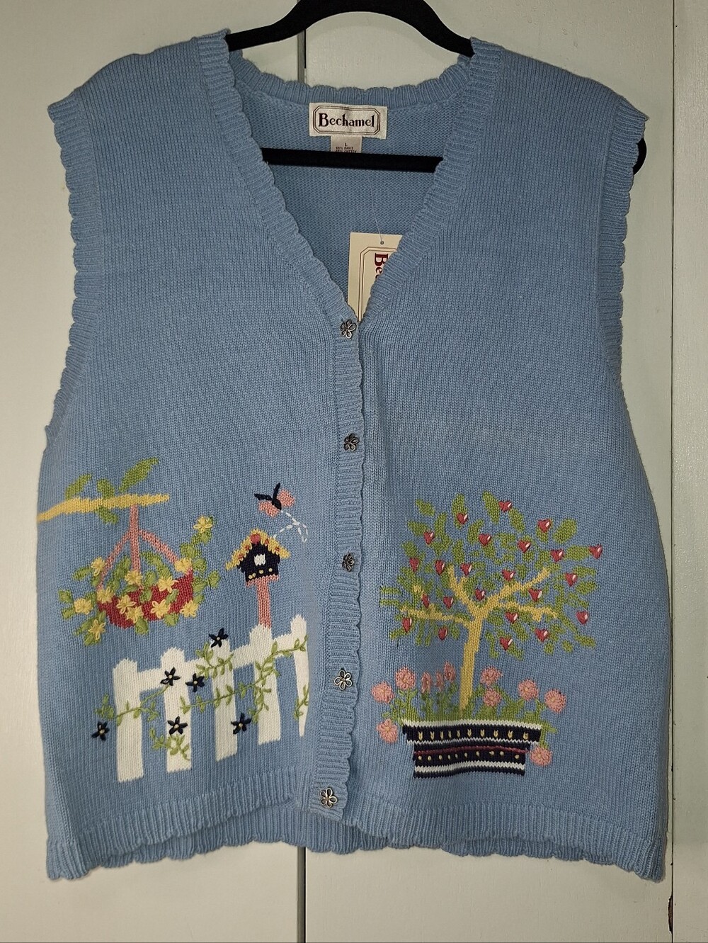 Bechamel CottageCore White Picket Garden Delight Fence Knit Sweater Vest Large
